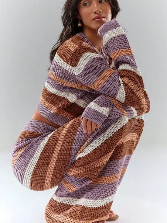 Casual Women's Striped Long Sleeve Knit Cardigan And Knit Skirt Set - Picture 2 of 7